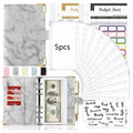 A6 PU leather loose-leaf binder journal with six-hole spiral, colour budget sheets, zipper pockets, ruler, and labels