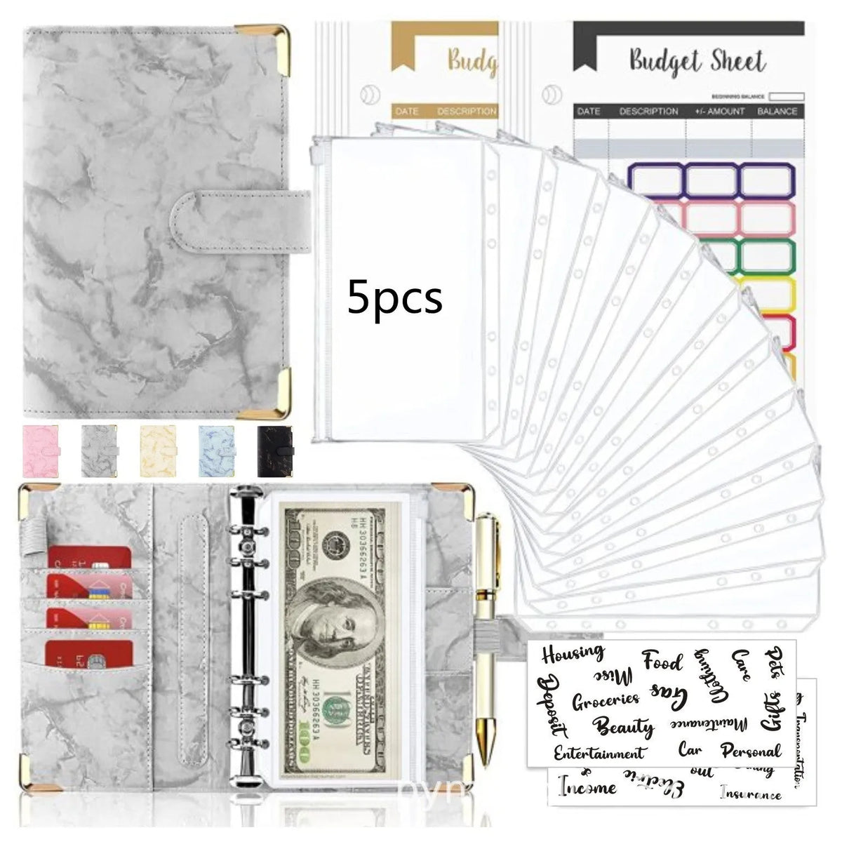 A6 PU leather loose-leaf binder journal with six-hole spiral, colour budget sheets, zipper pockets, ruler, and labels