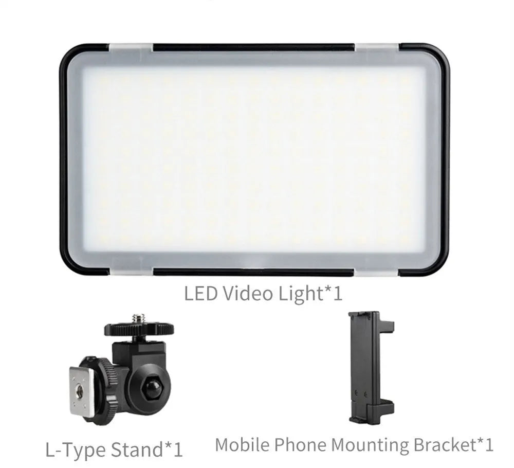 Shenniu M150 ultra-thin silver LED video light mounted on a mobile phone with bracket.