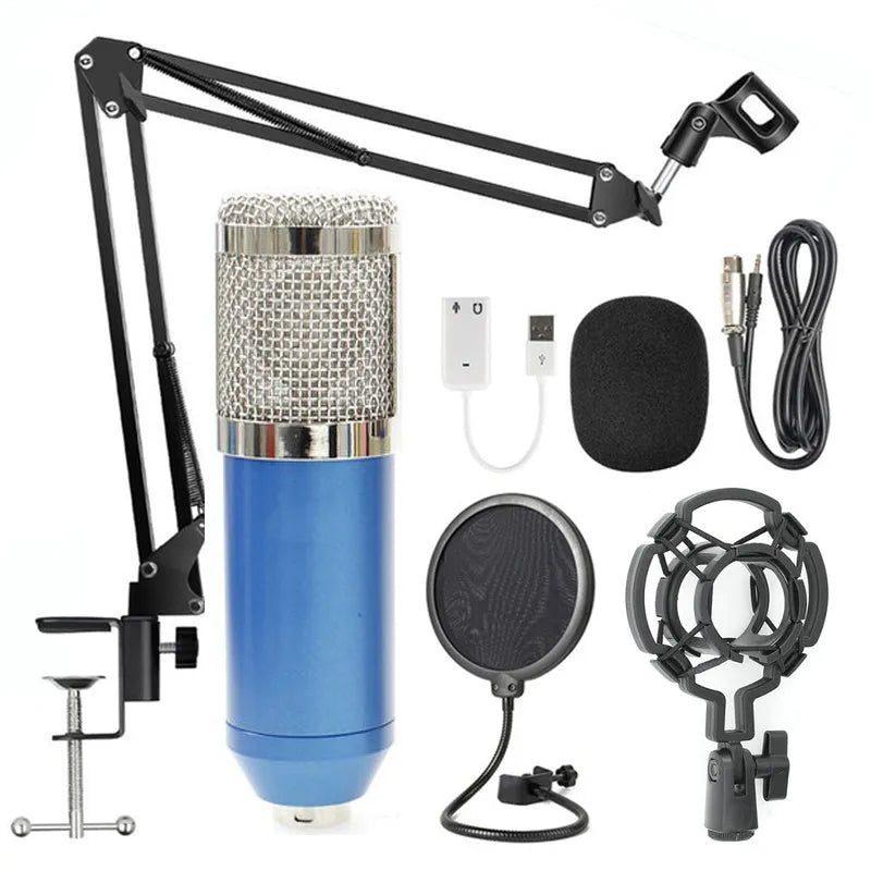BM-800 condenser microphone stand set in various colours on a desktop