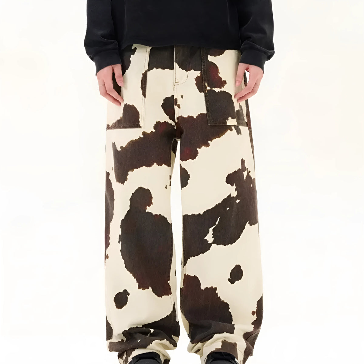 Men's straight-leg casual trousers with American retro cow pattern print in 7698 colour