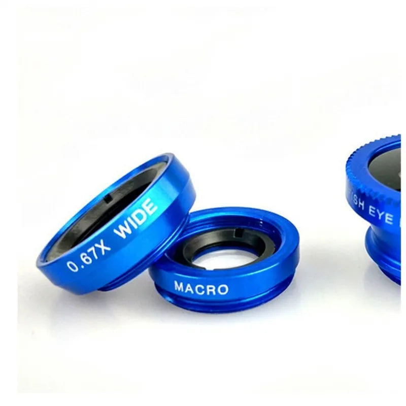 Smartphone 3-in-1 lens kit showing fisheye, wide angle, and macro lenses with universal clip