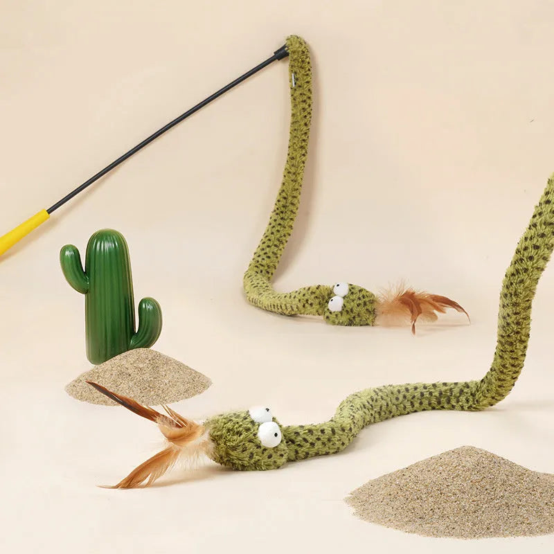Green snake design cat teasing stick with long pole and colourful feather attachments