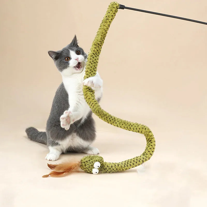 Green snake design cat teasing stick with long pole and colourful feather attachments