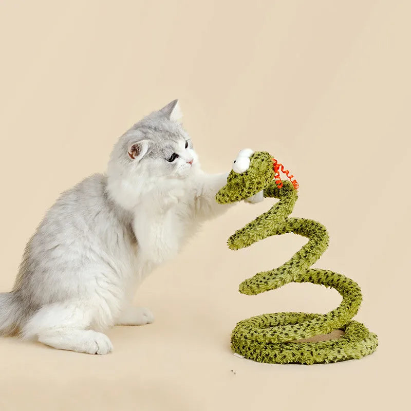 Green snake design cat teasing stick with long pole and colourful feather attachments