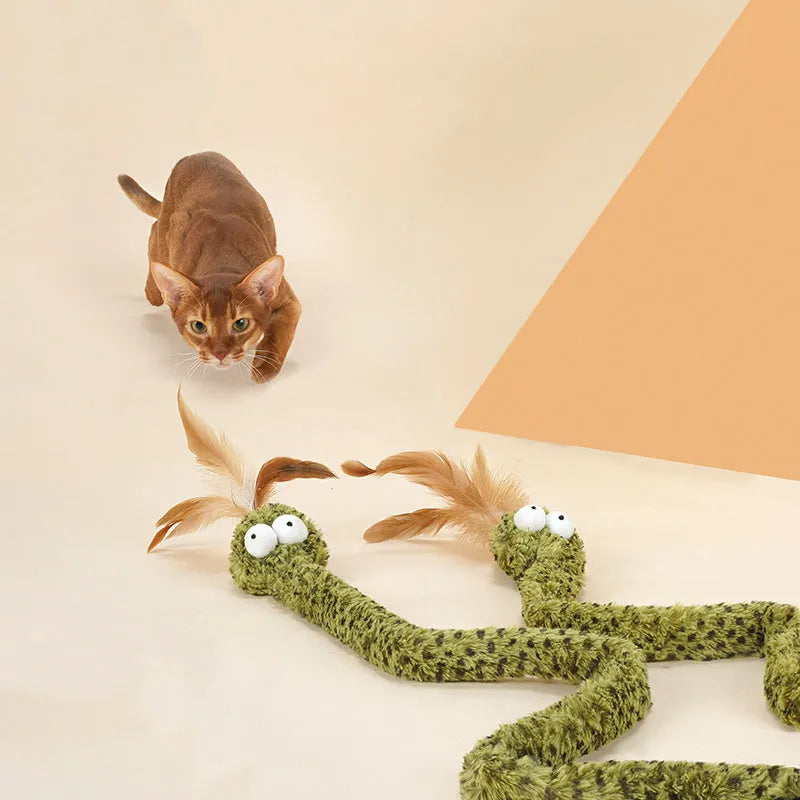 Green snake design cat teasing stick with long pole and colourful feather attachments