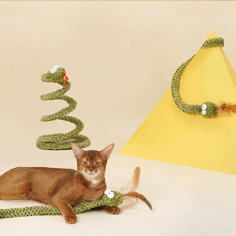 Green snake design cat teasing stick with long pole and colourful feather attachments