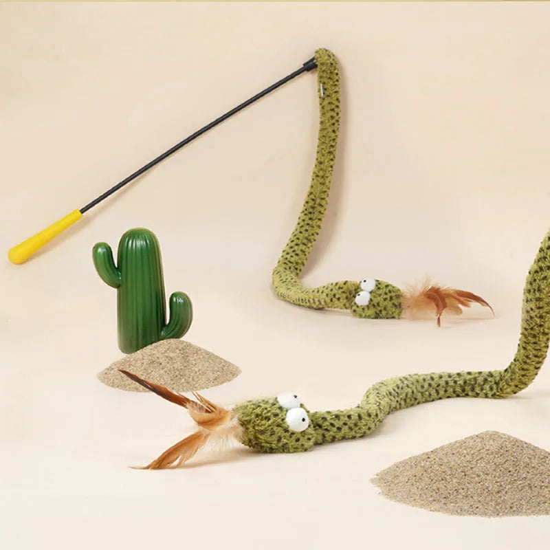 Green snake design cat teasing stick with long pole and colourful feather attachments