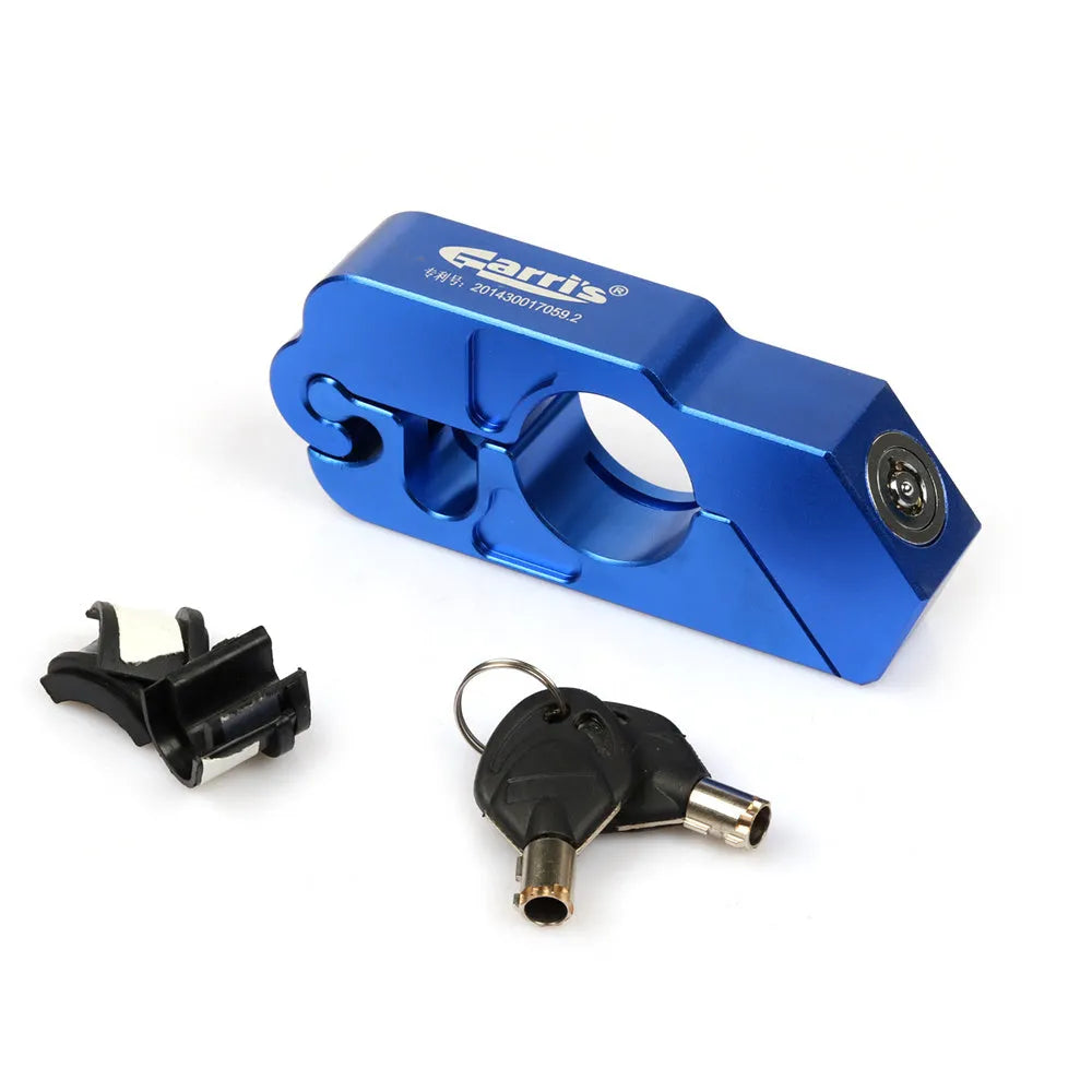 Motorcycle handlebar lock in CNC aluminium alloy, 14.7 cm long, shown in black with two wrenches