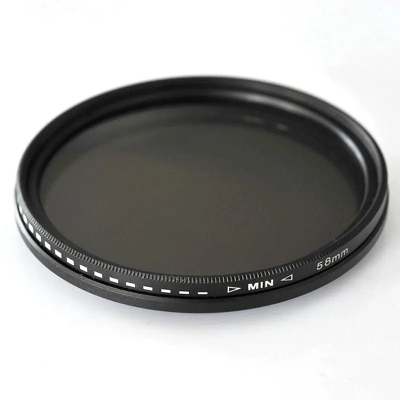 Adjustable multi-diameter ND camera filter kit with ND-2, ND-4, ND-8, and ND-400 filters and adapter rings