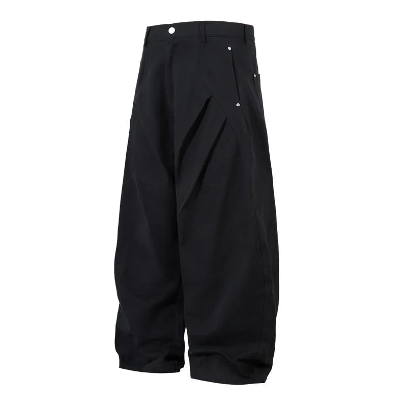 Men's black pleated machete casual trousers with loose-fitting wide-leg design