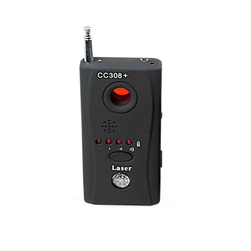 Black CC308 wireless signal detector with sound alarm mode, 65x48x15mm