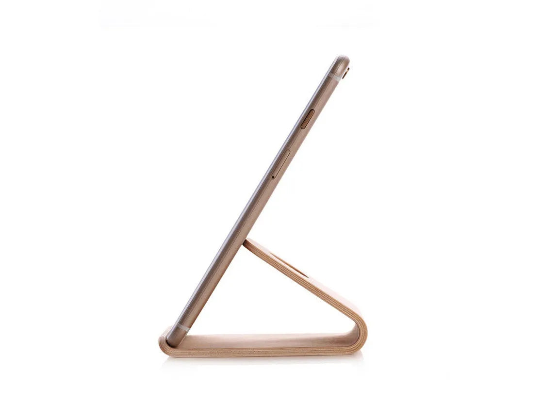 Wooden iPhone charging stand in walnut or white maple finish with cable management