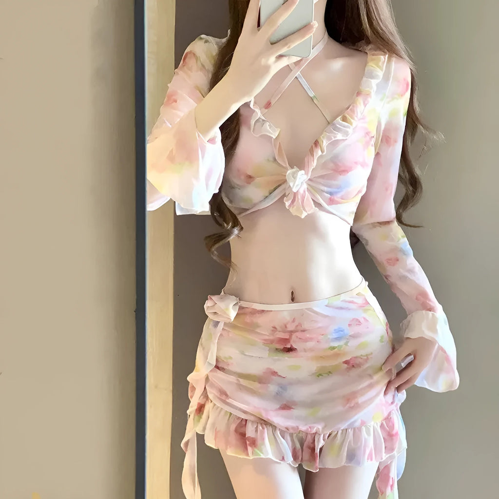 Women's floral pattern bikini swimsuit in cherry blossom powder colour
