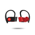 Black wireless Bluetooth earphones with ergonomic in-ear design showing buttons and LED indicator