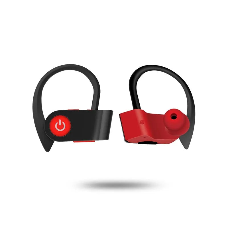 Black wireless Bluetooth earphones with ergonomic in-ear design showing buttons and LED indicator