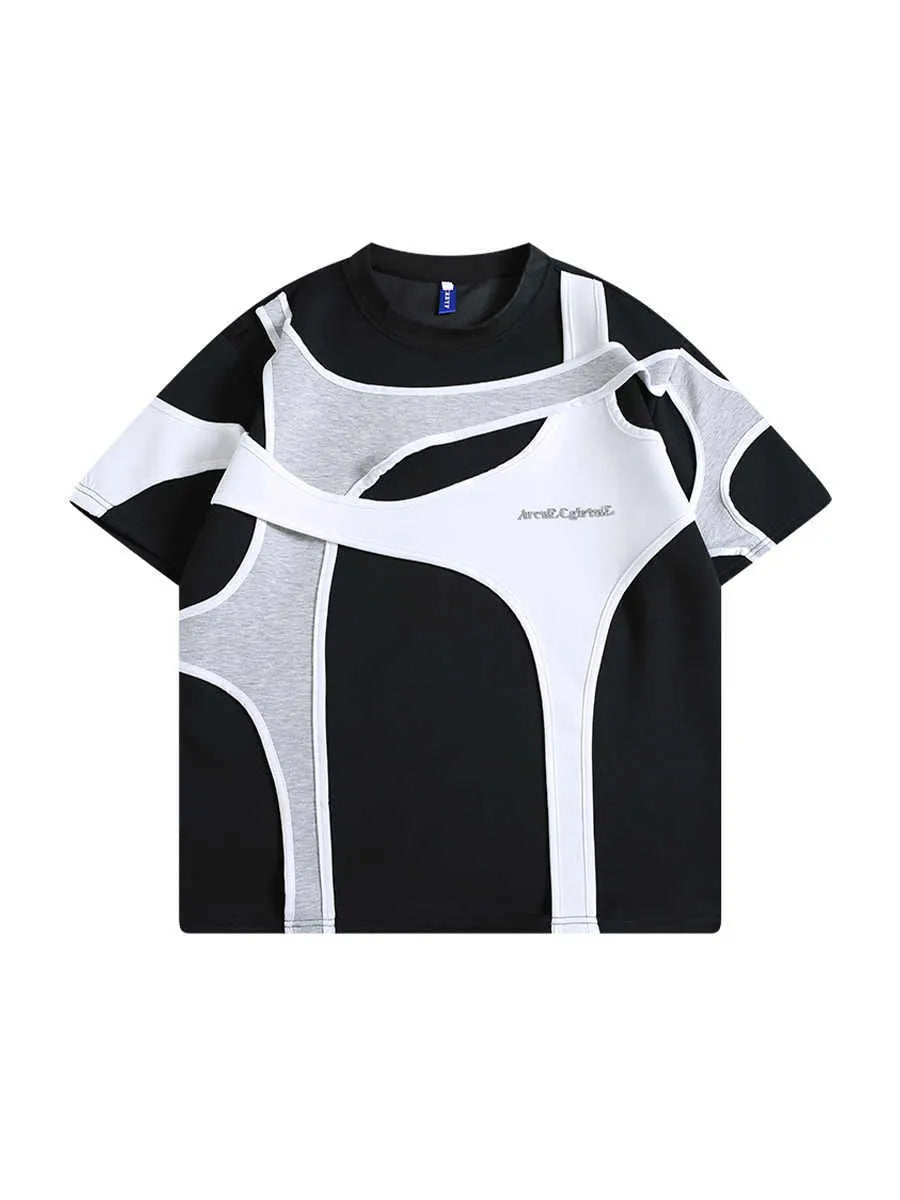 Men's black padded shoulder short sleeve T-shirt with double stitching and loose fit
