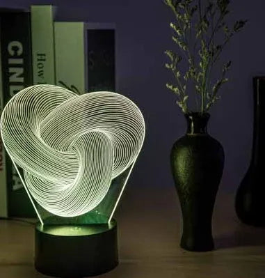 3D abstract acrylic LED night light with ABS base, USB cable, seven colours, and optional remote control