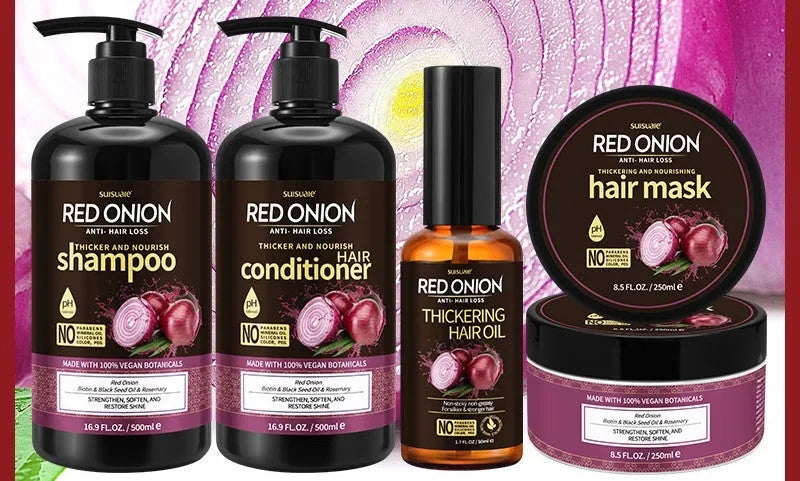 Red onion shampoo conditioner 4-piece set with 500ml bottles, 250ml hair mask and 50ml essential oil