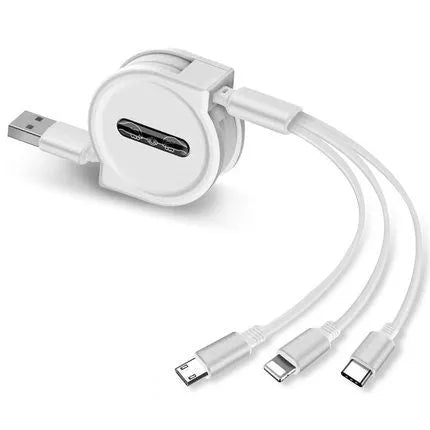 3 in 1 telescopic charging cable extended to show titanium alloy connectors and TPE wire body