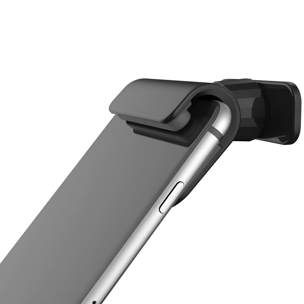 Black gravity car phone holder mounted on a car air vent, showing 360-degree rotation and universal phone grip.