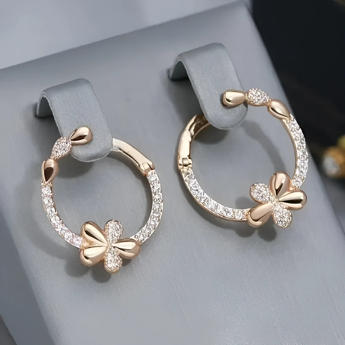 Copper round ring earrings with geometric design and electroplated finish for women