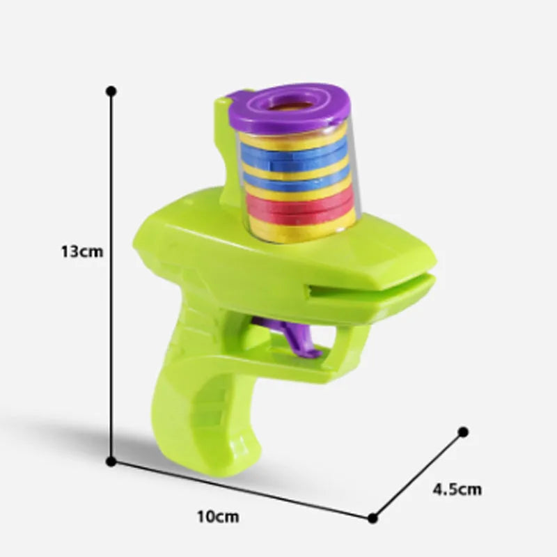 Interactive cat toy launcher with foam discs in green and purple colour options