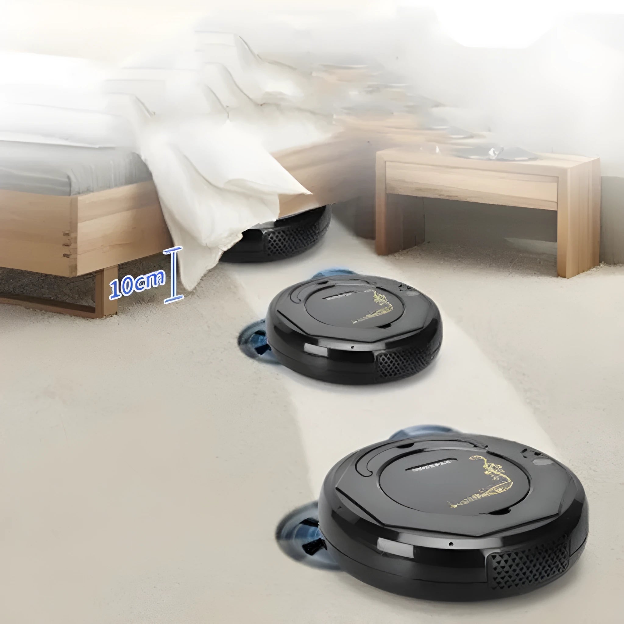 Lazy Smart robot floor sweeper vacuum cleaner in blue colour on a hard tile floor.