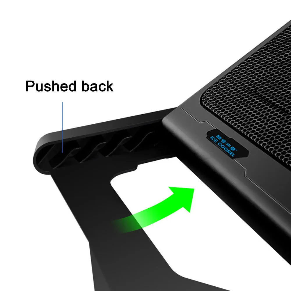 Black laptop cooling board with metal mesh surface and LCD speed control display