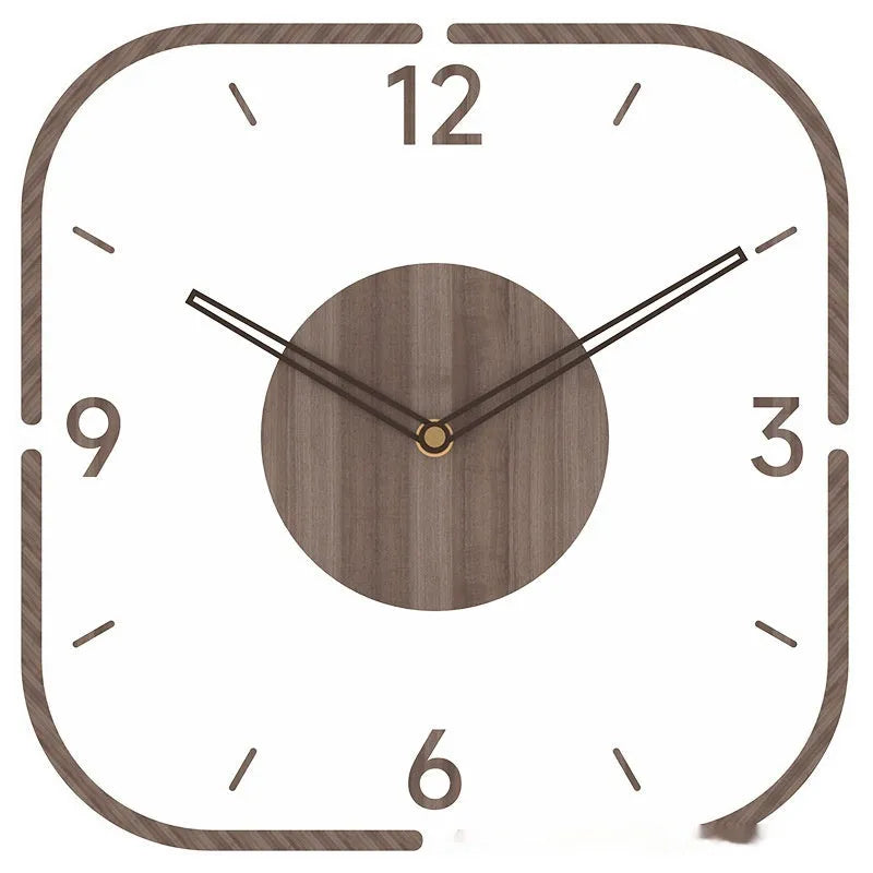Square transparent wall clock with a wooden frame on a plain wall, showing modern design