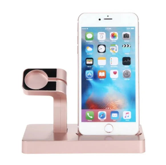 White 2-in-1 desktop charging dock holding an iPhone and an Apple Watch.