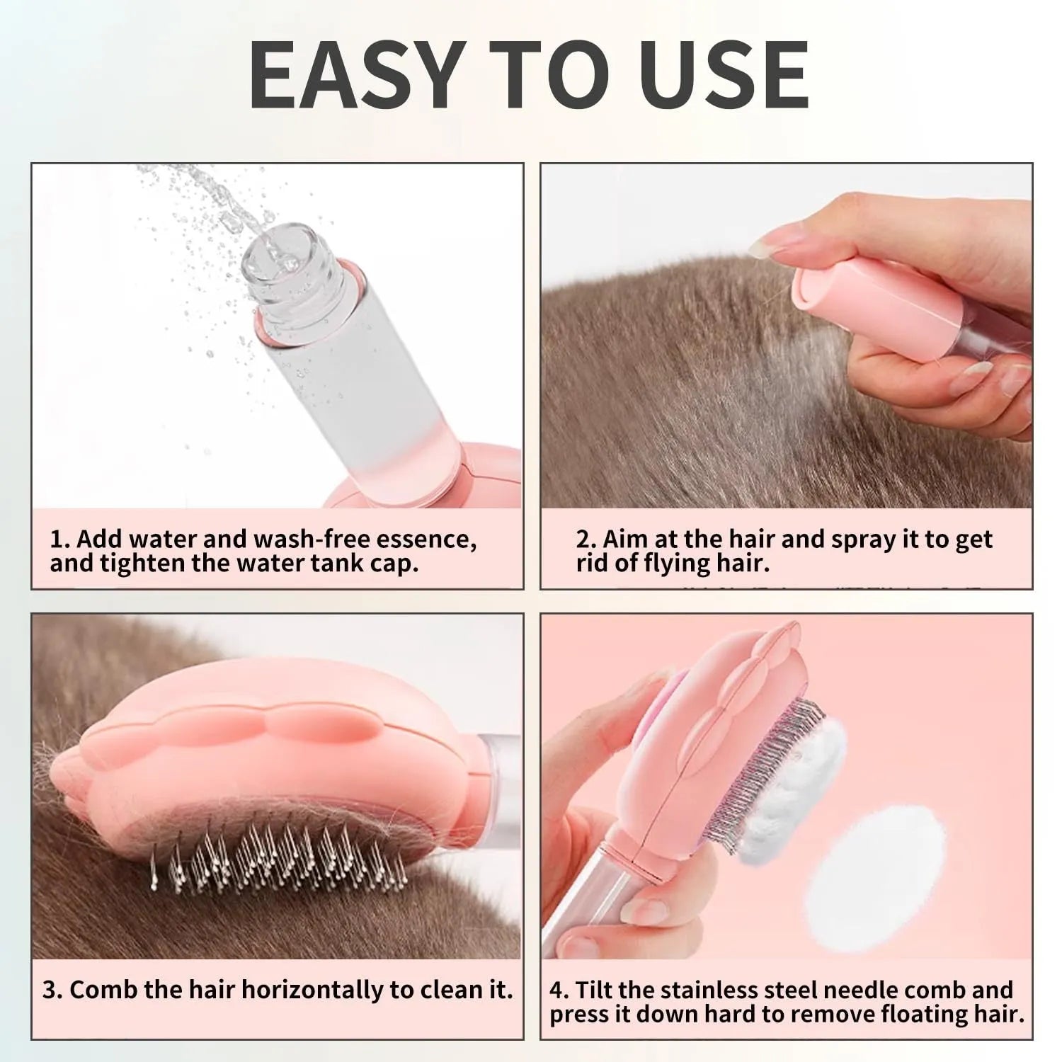 Grey spray cat brush with release button and water spray function on a white background