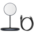 Swan magnetic desktop stand wireless charger in black colour charging an iPhone