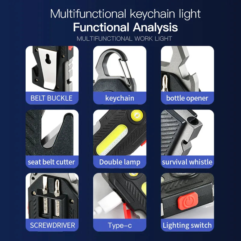 Multifunctional LED emergency work light with COB, 400LM, USB-C, keychain tools, 99x40x18mm