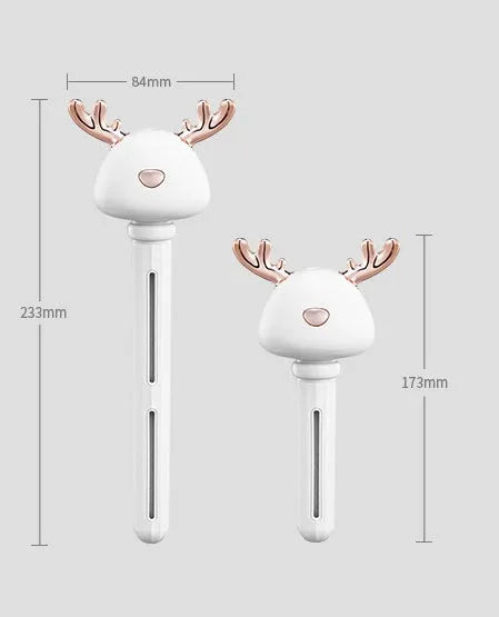 Mini USB portable car humidifier with creative little antler design in beige, showing water tank filler and USB cable