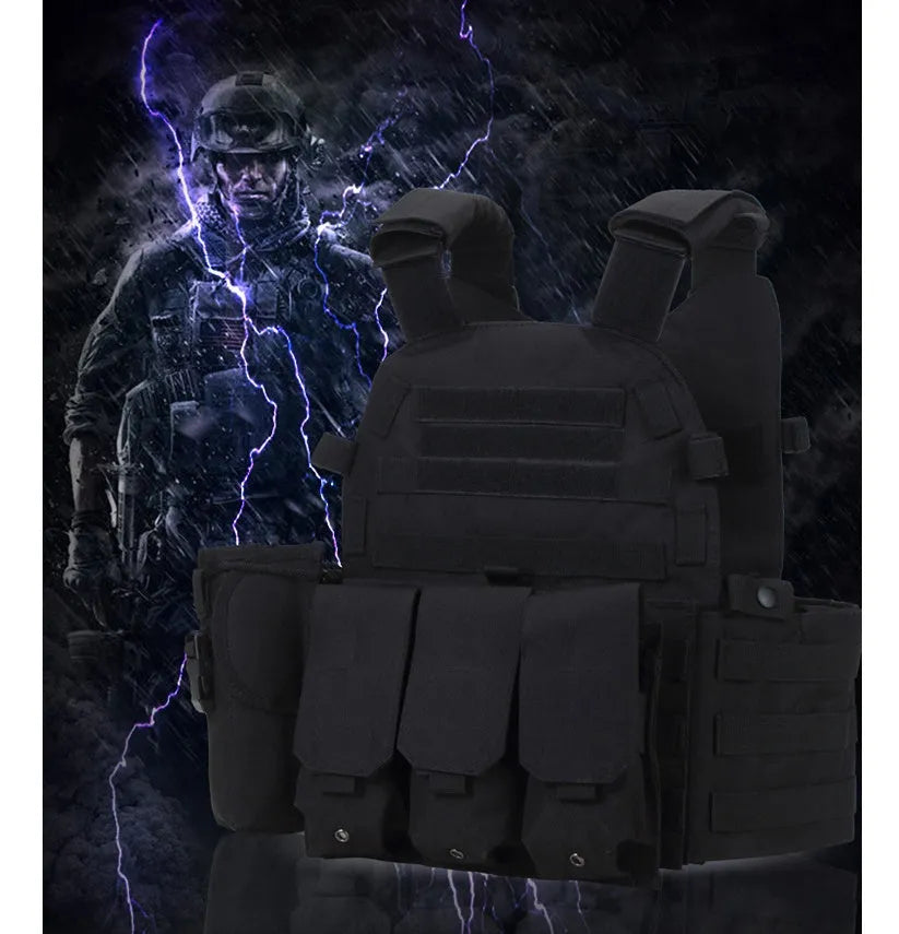 Tactical Molle plate carrier vest in Oxford with 3 detachable accessory bags, size 40cm x 25cm x 44cm