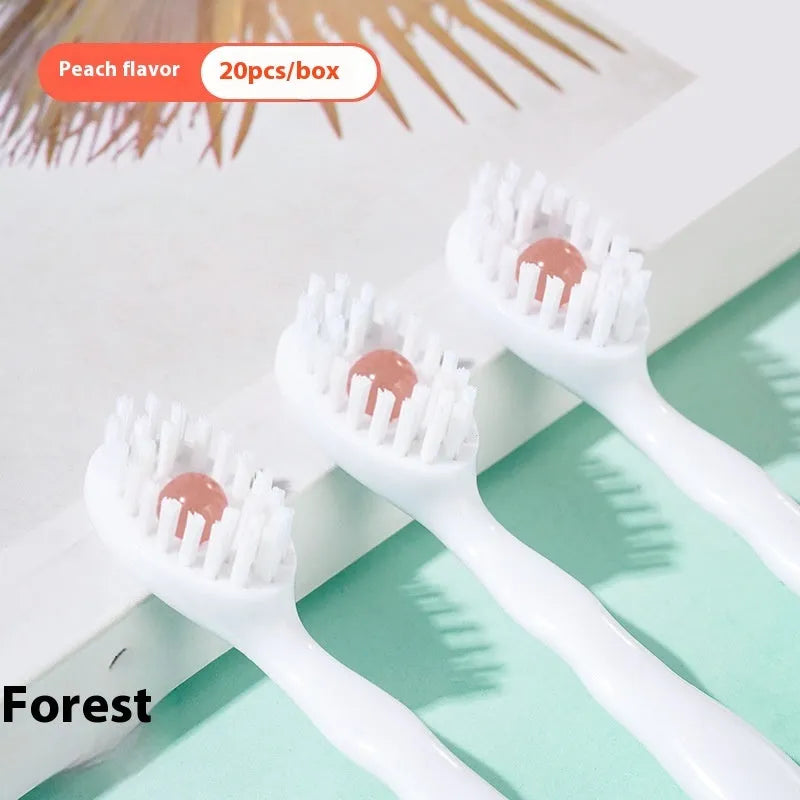 Box of 20 disposable bead toothbrushes with pre-pasted heads for travel and convenience