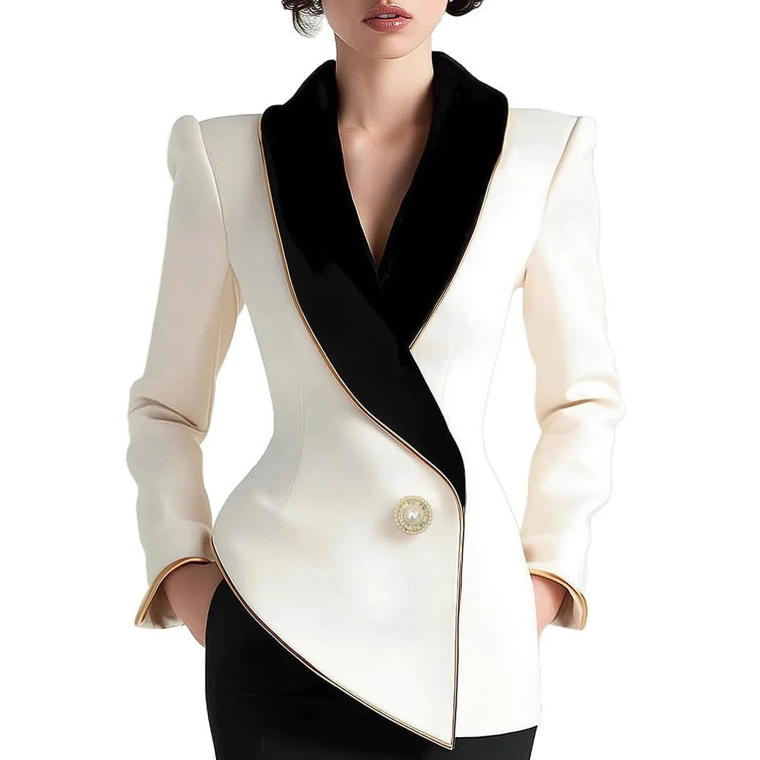 Women's milky white beige coat with pearl buttons and golden edge trim on TR fabric