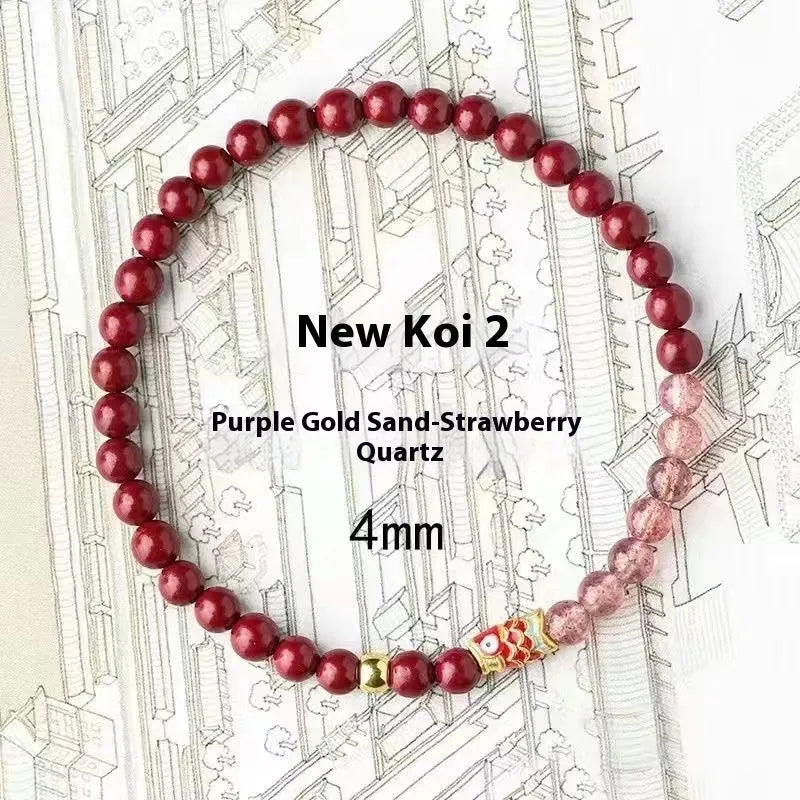 Purple cinnabar and strawberry quartz bracelet with koi and peach blossom lucky bead designs