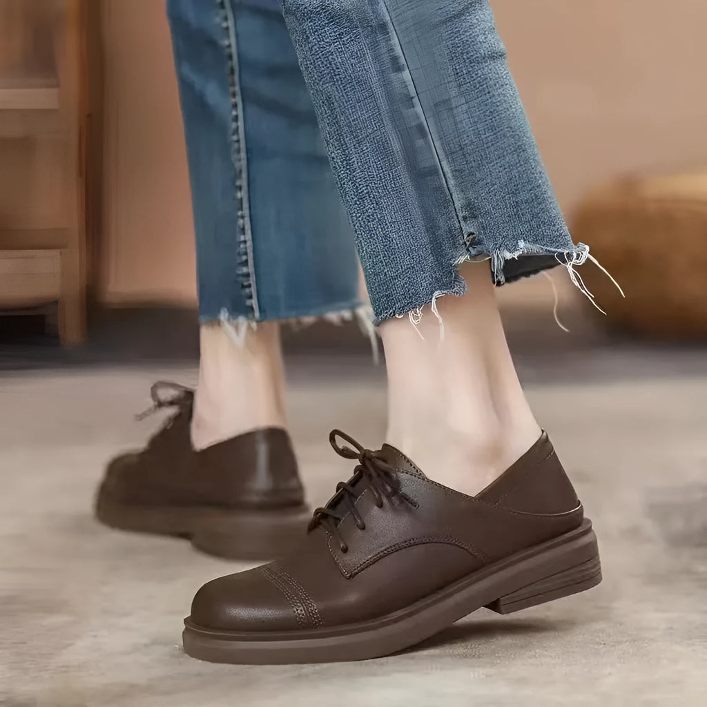 Slimming low heel British leather shoes for women, platform cross strap round toe, black and dark brown, sizes 35-40