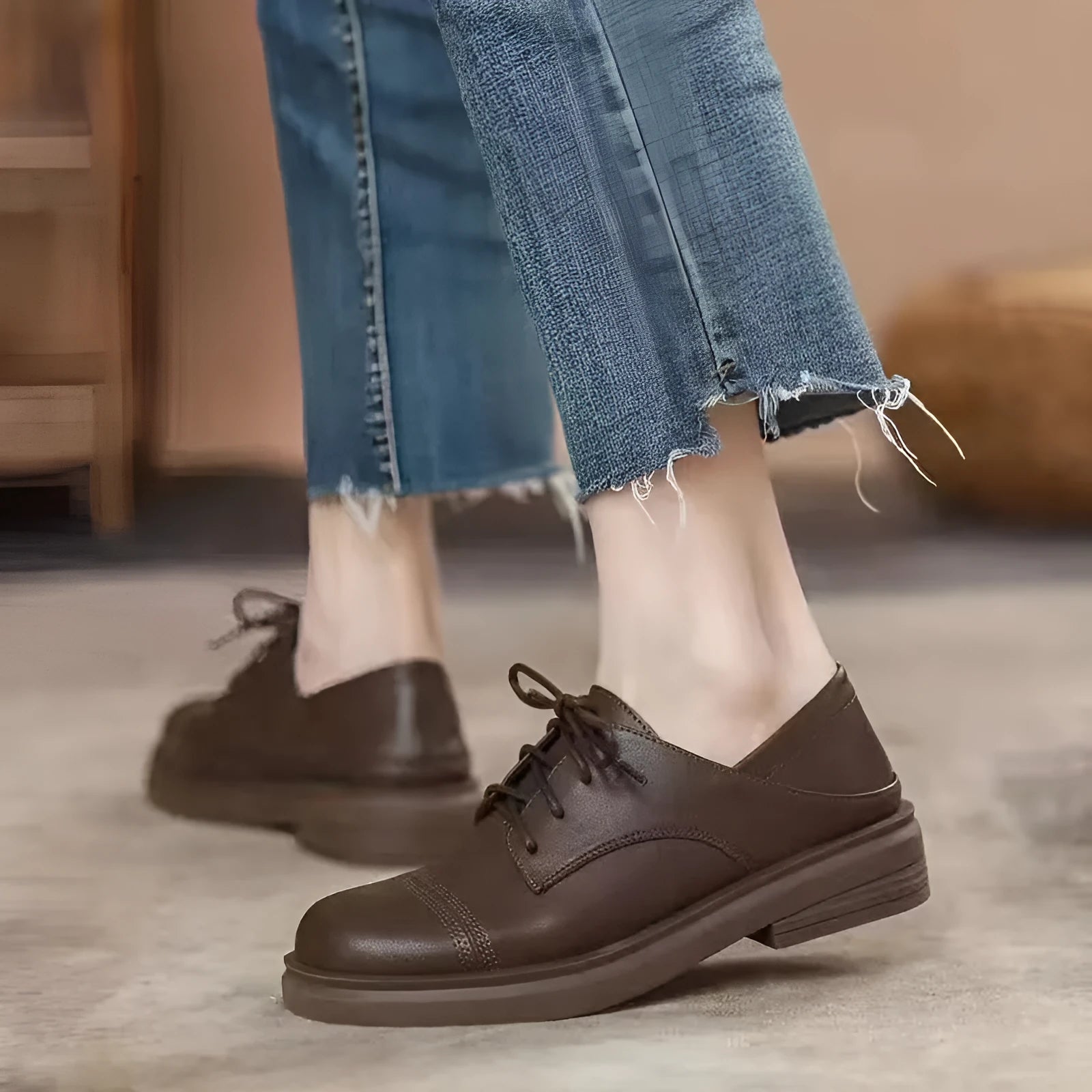 Slimming low heel British leather shoes for women, platform cross strap round toe, black and dark brown, sizes 35-40