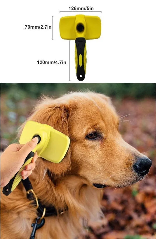 Automatic retractable pet comb with stainless steel needles, 19 x 12.6 cm, in green or yellow