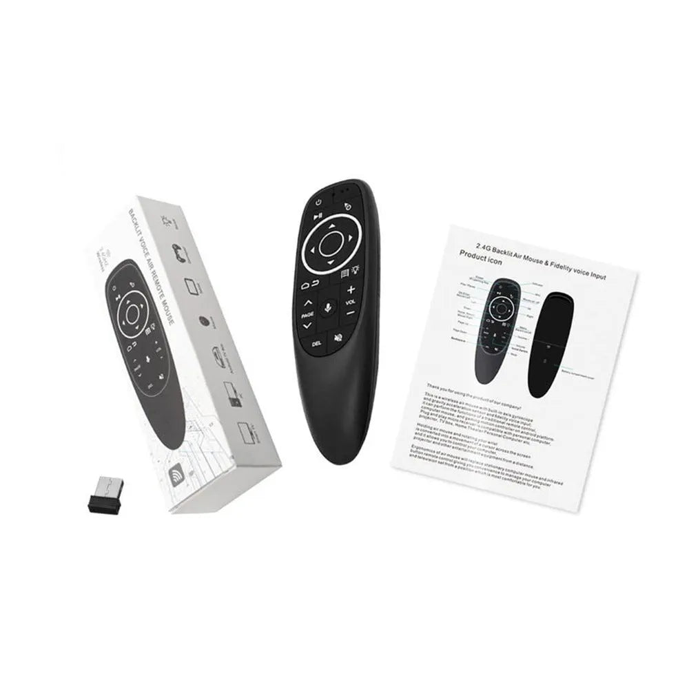 G10 G10S voice remote control with black plastic shell and silicone buttons for Android TV