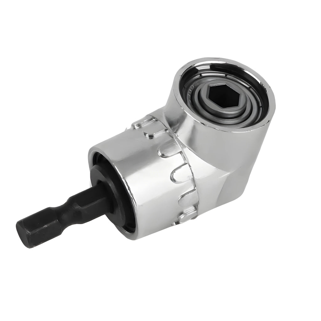 Silver flexible shaft screwdriver adapter with 105-degree angled head for electric drills