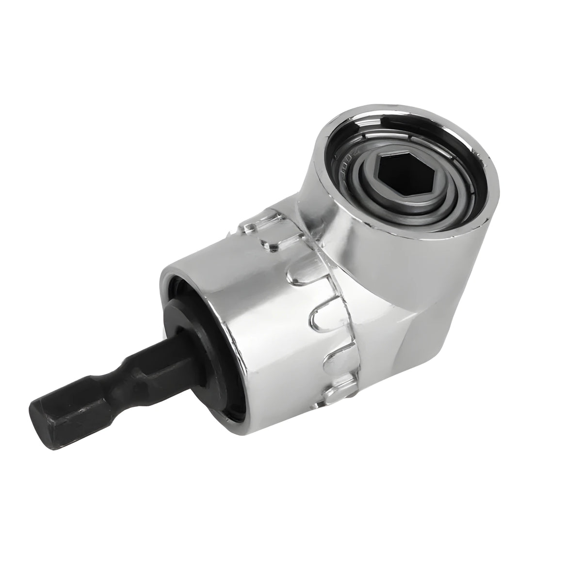 Silver flexible shaft screwdriver adapter with 105-degree angled head for electric drills