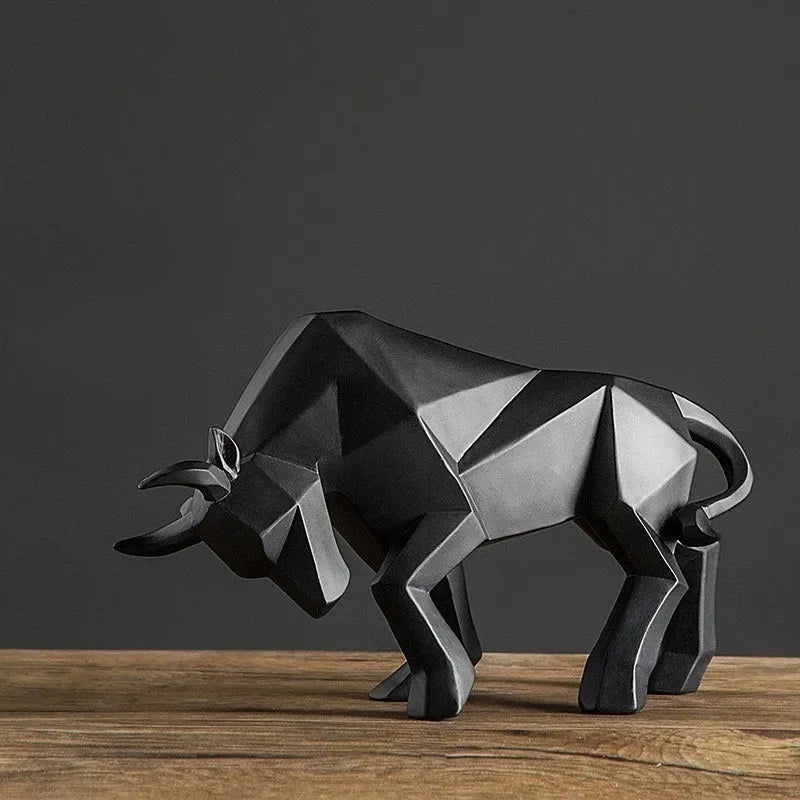 Black geometric resin bull sculpture, abstract bison statue for office or home decor, 35cm long