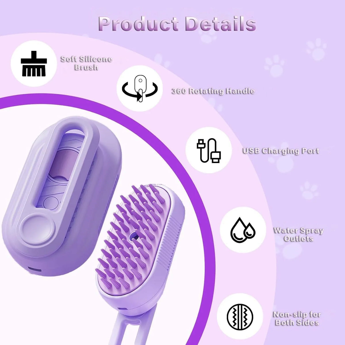 3-in-1 cat steam brush with foldable handle, silicone and ABS, soft bristle tips, for cats and dogs