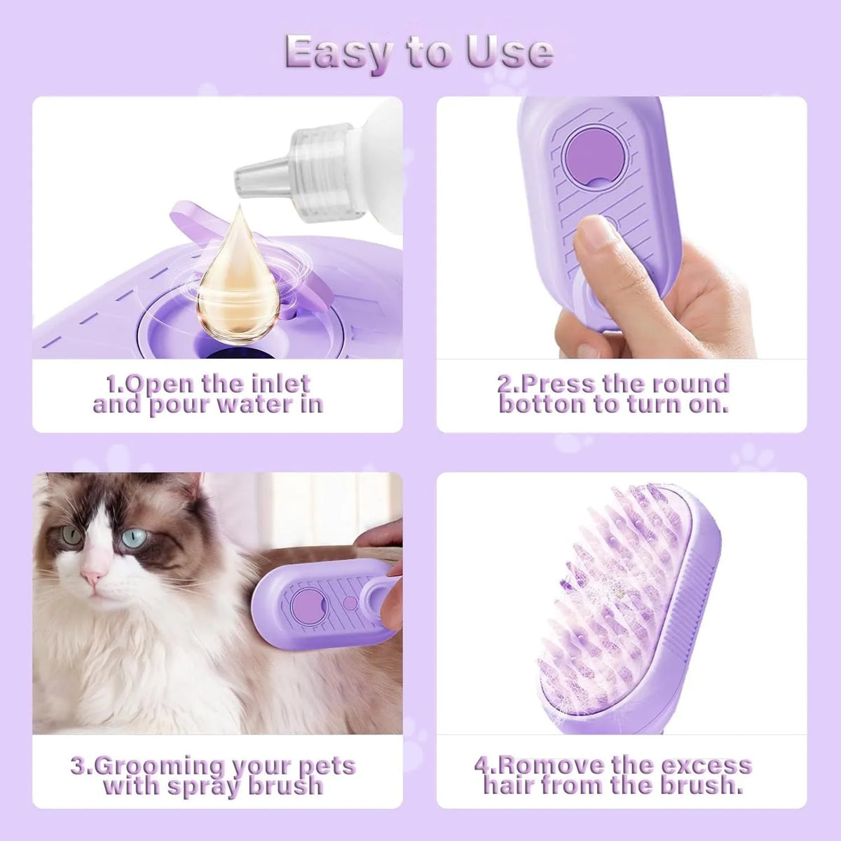 3-in-1 cat steam brush with foldable handle, silicone and ABS, soft bristle tips, for cats and dogs