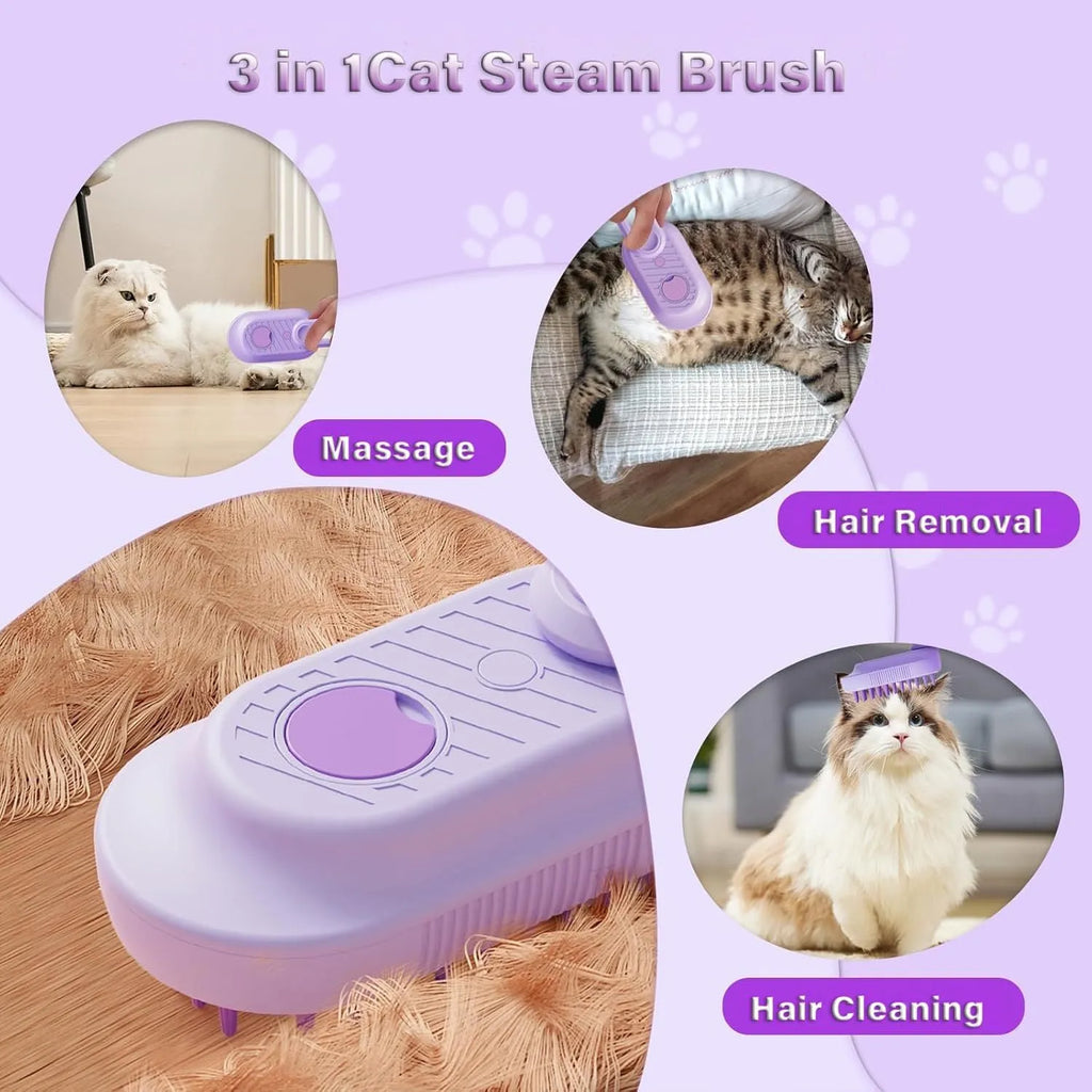 3-in-1 cat steam brush with foldable handle, silicone and ABS, soft bristle tips, for cats and dogs