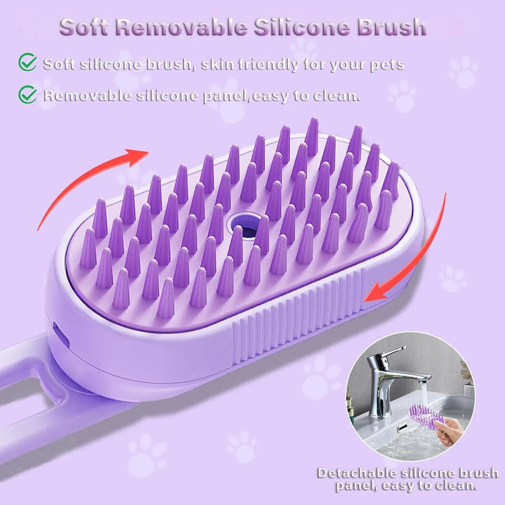 3-in-1 cat steam brush with foldable handle, silicone and ABS, soft bristle tips, for cats and dogs